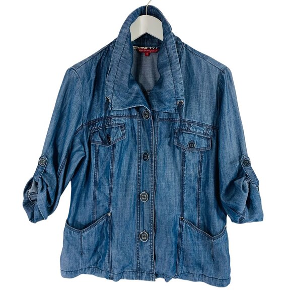 utility denim blue jean style jacket in Tencel  3/4 sleeve size 11 San Francisco - Picture 1 of 16
